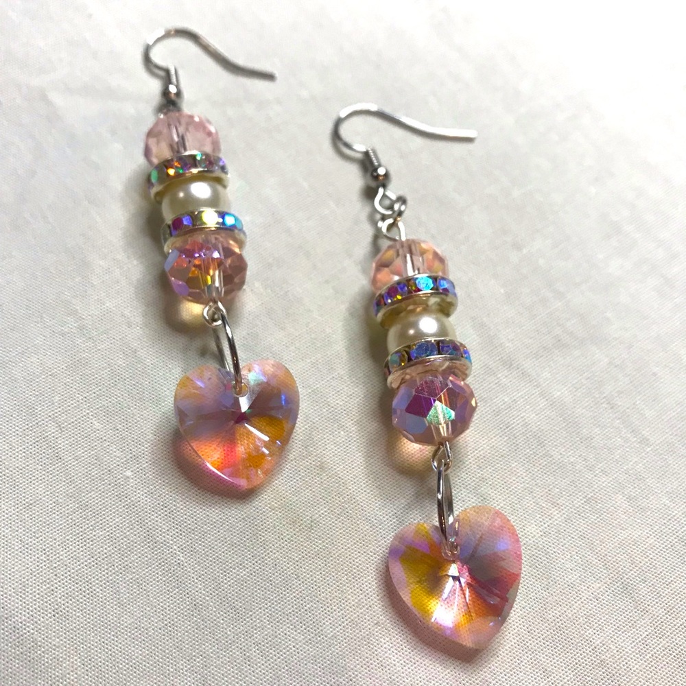 Handmade Rainbow Pink Glass Bead Rhinestones/Crystal Hearts silver Drop earrings